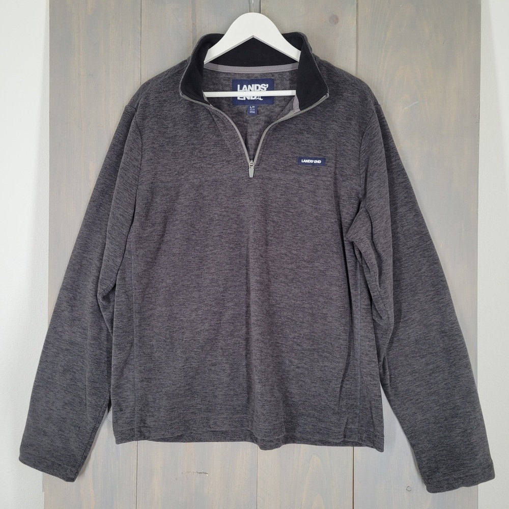 Lands End Fleece Pullover Mens Large Tall Gray Quarter Zip Heathered Mock Neck‎